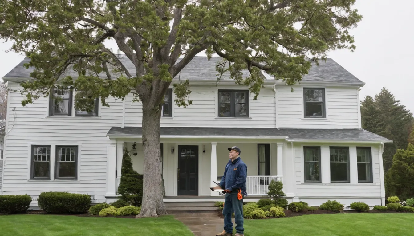 A homeowner and a local tree provider looking up at a large tree beside a house in Media