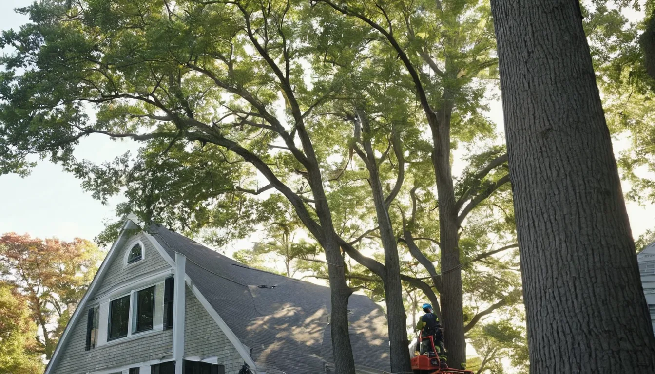 A tree removal provider inspecting a tall tree beside a house in Media